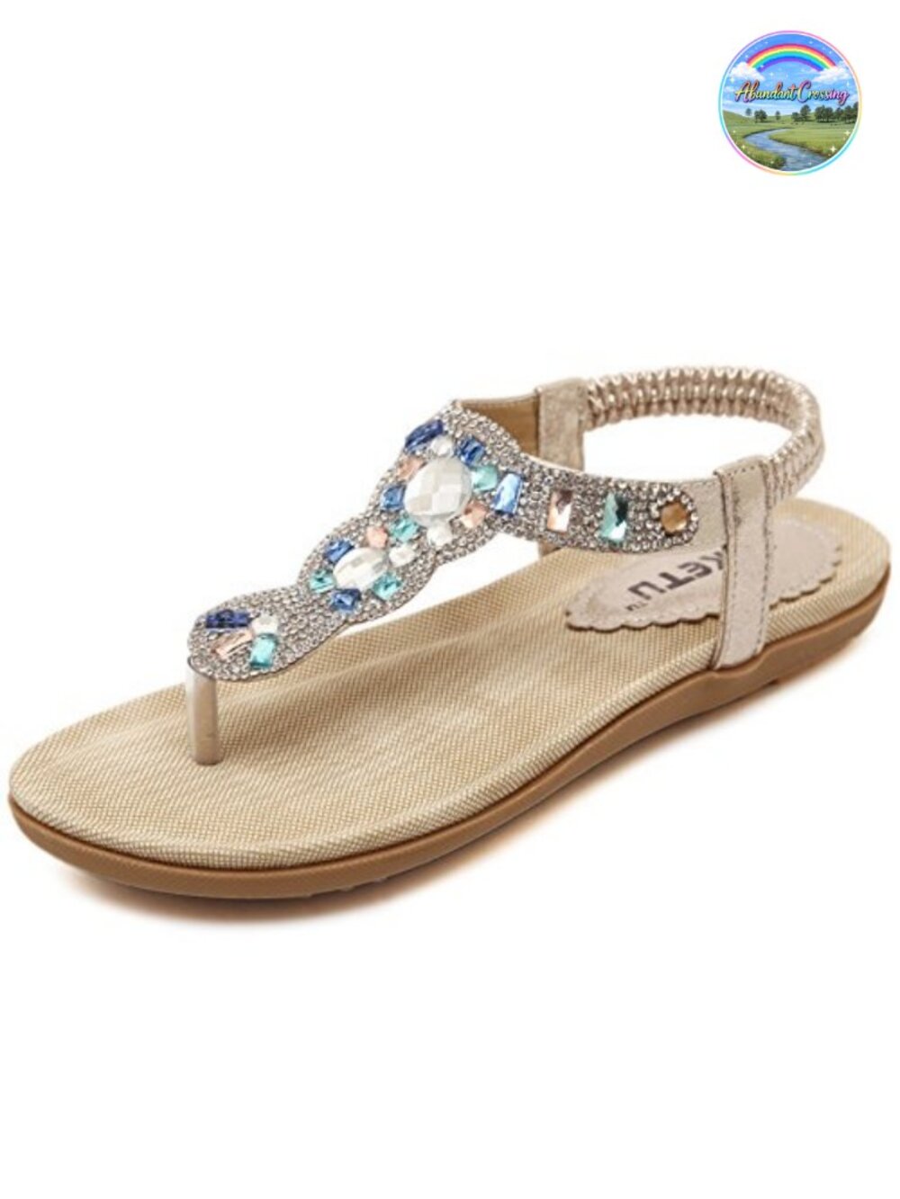 Womens Flat Rhinestone Beaded T-Strap Sandals Bohemian Slingback